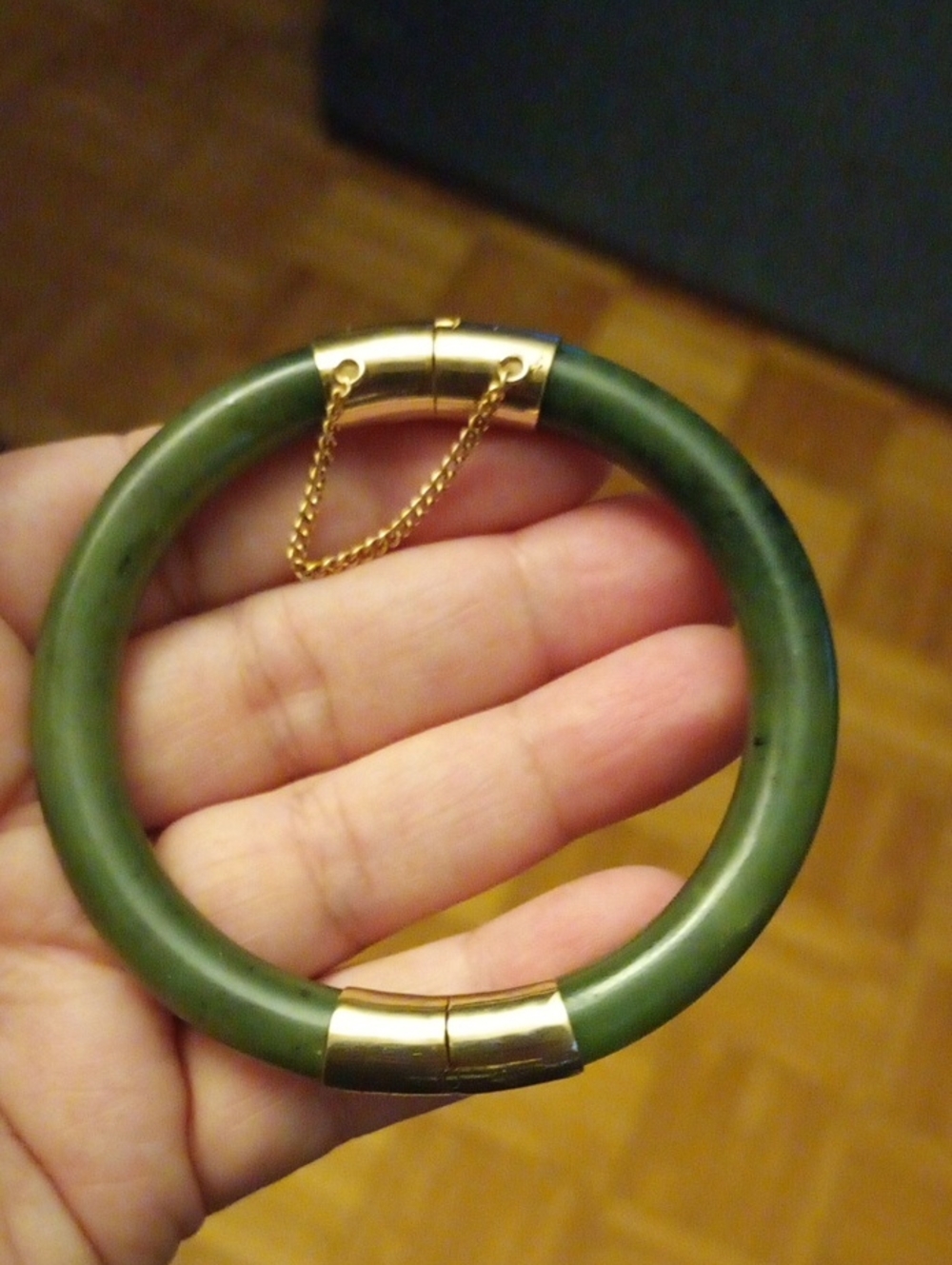 Vintage Green Jade Gold Accent Bangle Bracelet